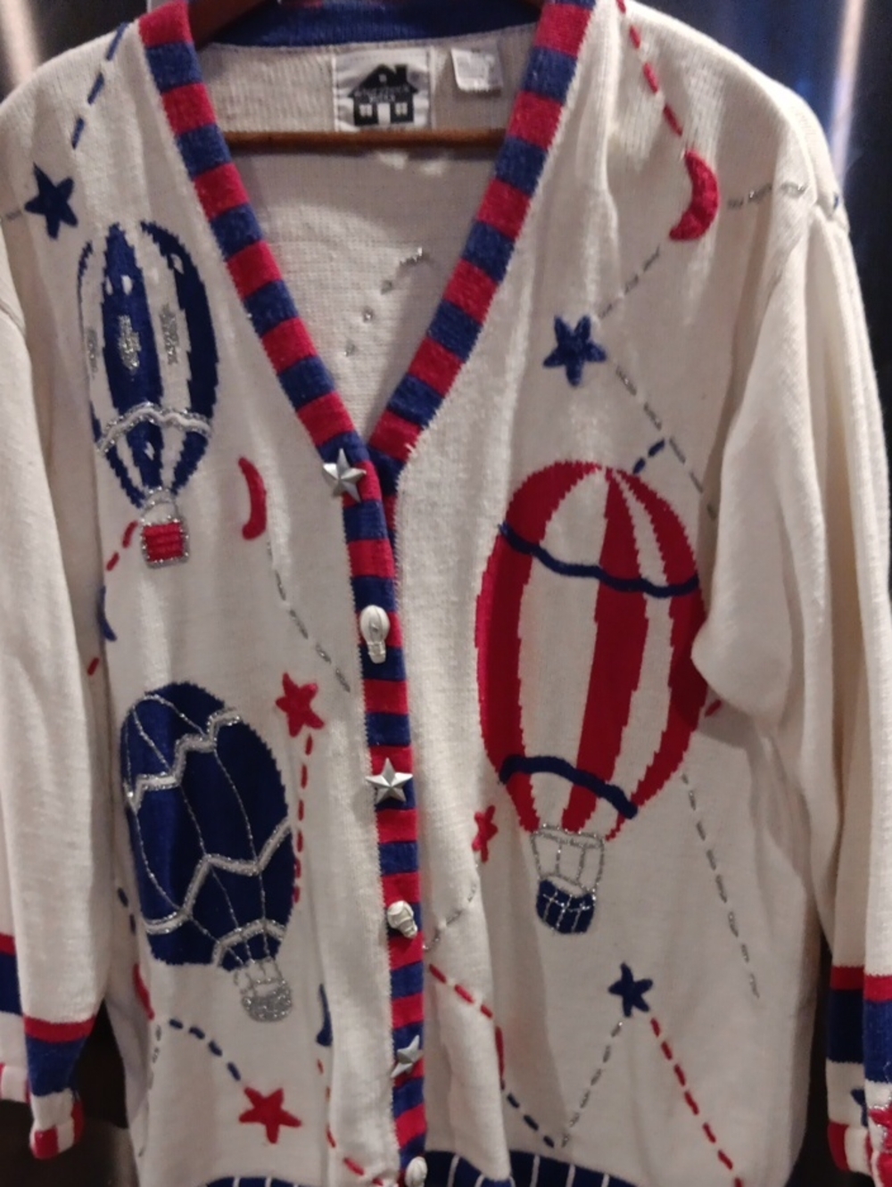 Storybook Knits Cream Cardigan with Red and Blue Hot Air Balloon Motif